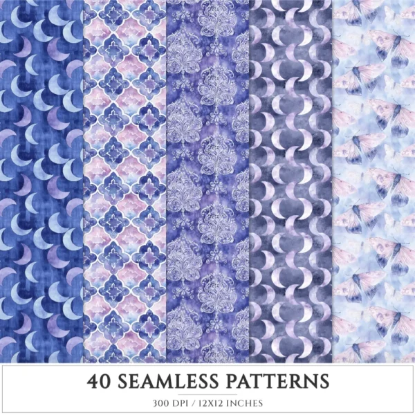 Velvet Moon Letters Seamless Patterns, Moonlit Floral JPEG, Celestial Infinite Pattern, Mystical Repeating Pattern, Digital Scrapbook Paper