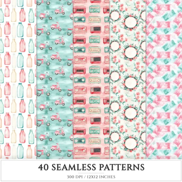 American Neon Diner Seamless Patterns, 50's Diner JPEG, Jukebox Infinite Pattern, Nostalgic Dining Repeating Pattern, Digital Scrapbook Paper