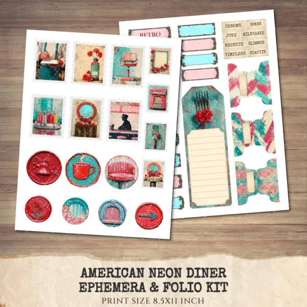 American Neon Diner Ephemera & Folio Kit – 1950s, Fast Food, Retro Restaurant Printables, Waitress Scrapbook, Tags, kits, Digital Download