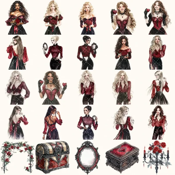 Vampire Valentine Bite Clipart Set – Dark Romance Illustrations, Gothic Haunted Graphics, Victorian, Florals, Academia PNG, Digital download