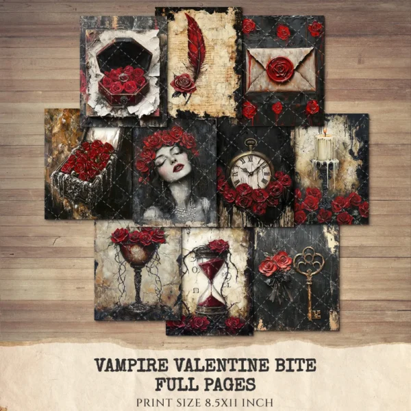 Vampire Valentine Bite Junk Journal Pages & Papers – Victorian, Dark Romance Printable, Gothic Haunted Scrapbook, Florals, Digital Download