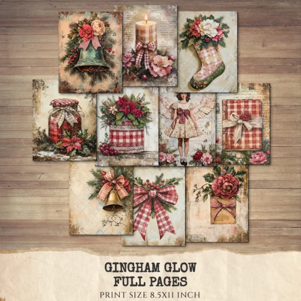 Gingham Glow Junk Journal Pages & Papers – Floral Christmas, Holiday Printable, Gingham Berries Scrapbook, Vintage, Xmas, Digital Download