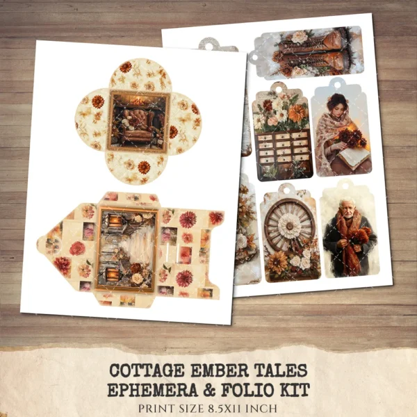 Cottage Ember Tales Ephemera & Folio Kit – Book Lover, Cozy Winter Printables, Snowfall, Vintage Art, Floral Tags, Kits, Digital Download