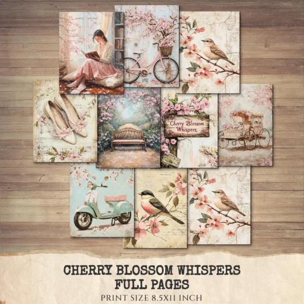 Cherry Blossom Whispers Junk Journal Pages & Papers – Sakura, Soft Spring Floral Printable, Romantic Botanical Scrapbook, Digital Download