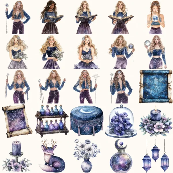 Velvet Moon Letters Clipart Set – Celestial Mystical Illustrations, Floral Moon Graphics, Ethereal Women, Moonlight PNG, Digital download