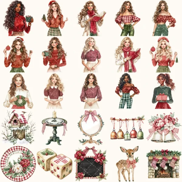 Gingham Glow Clipart Set – Plaid Holiday Illustrations, Festive Floral Graphics, Cozy Winter Christmas, Santa PNG, Digital download