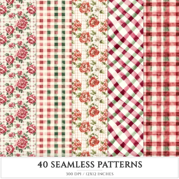 Gingham Glow Seamless Patterns, Plaid Stripes JPEG, Bows Infinite Pattern, Classic, Floral Repeating Pattern, Digital Scrapbook Paper