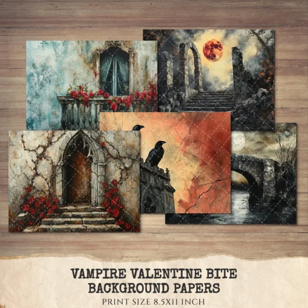 Vampire Valentine Bite Junk Journal Pages & Papers – Victorian, Dark Romance Printable, Gothic Haunted Scrapbook, Florals, Digital Download