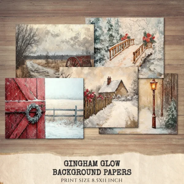 Gingham Glow Junk Journal Pages & Papers – Floral Christmas, Holiday Printable, Gingham Berries Scrapbook, Vintage, Xmas, Digital Download