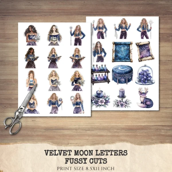 Velvet Moon Letters Clipart Set – Celestial Mystical Illustrations, Floral Moon Graphics, Ethereal Women, Moonlight PNG, Digital download