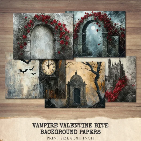 Vampire Valentine Bite Junk Journal Pages & Papers – Victorian, Dark Romance Printable, Gothic Haunted Scrapbook, Florals, Digital Download