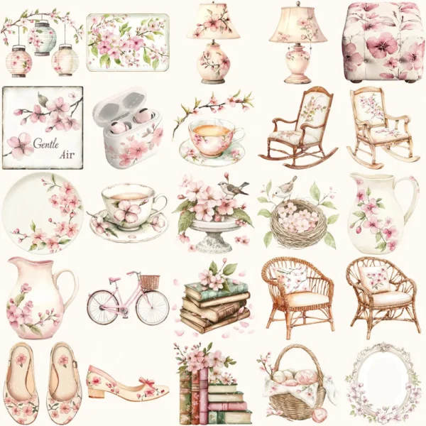 Cherry Blossom Whispers Clipart Set – Japanese Sakura Illustrations, Springtime Graphics, Pink Floral, Floral Women, Digital download