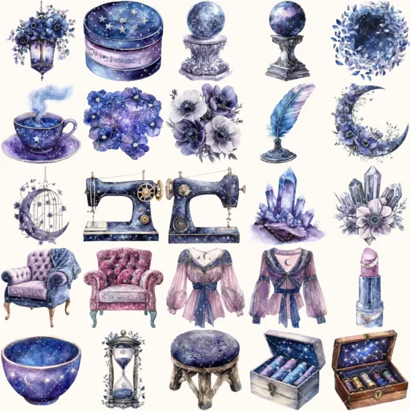 Velvet Moon Letters Clipart Set – Celestial Mystical Illustrations, Floral Moon Graphics, Ethereal Women, Moonlight PNG, Digital download