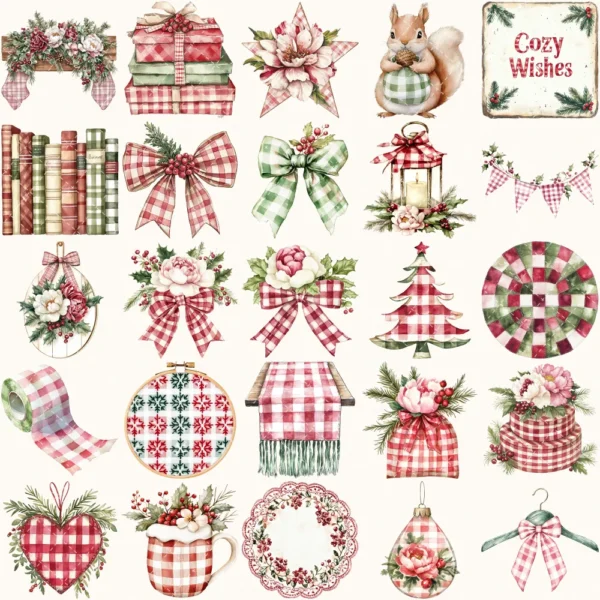 Gingham Glow Clipart Set – Plaid Holiday Illustrations, Festive Floral Graphics, Cozy Winter Christmas, Santa PNG, Digital download