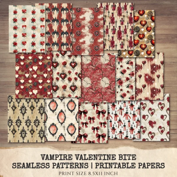 Vampire Valentine Bite Junk Journal Pages & Papers – Victorian, Dark Romance Printable, Gothic Haunted Scrapbook, Florals, Digital Download