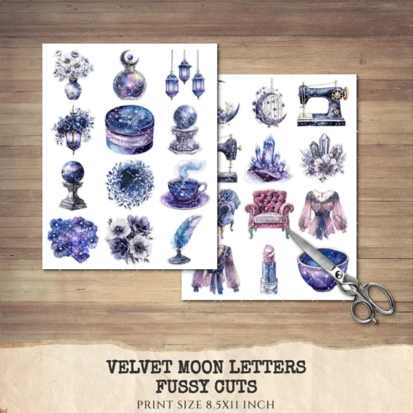 Velvet Moon Letters Clipart Set – Celestial Mystical Illustrations, Floral Moon Graphics, Ethereal Women, Moonlight PNG, Digital download