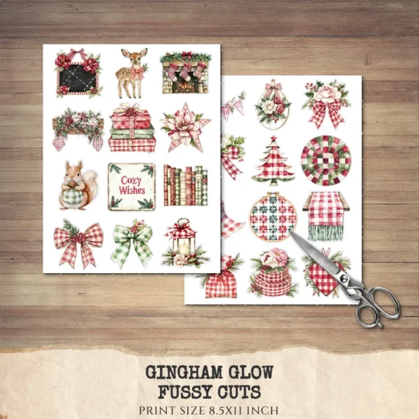 Gingham Glow Clipart Set – Plaid Holiday Illustrations, Festive Floral Graphics, Cozy Winter Christmas, Santa PNG, Digital download