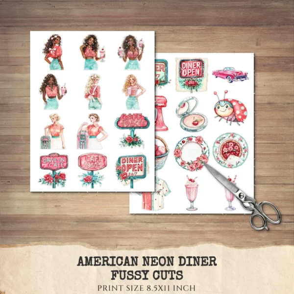 American Neon Diner Clipart Set – 50's Diner Illustrations, Nostalgic Dining Graphics, Retro Aesthetic, Vintage Restaurant, Digital download