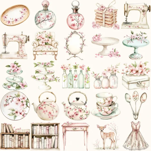 Cherry Blossom Whispers Clipart Set – Japanese Sakura Illustrations, Springtime Graphics, Pink Floral, Floral Women, Digital download