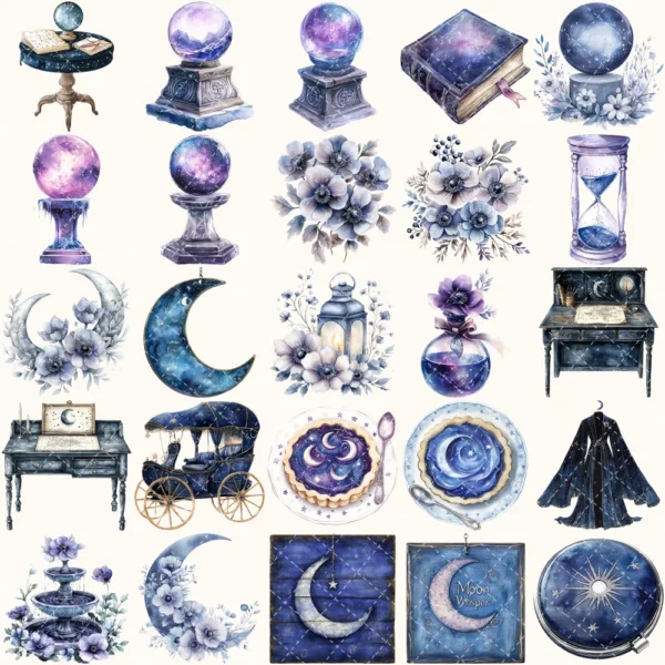 Velvet Moon Letters Clipart Set – Celestial Mystical Illustrations, Floral Moon Graphics, Ethereal Women, Moonlight PNG, Digital download