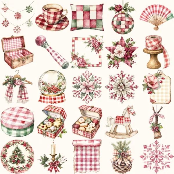 Gingham Glow Clipart Set – Plaid Holiday Illustrations, Festive Floral Graphics, Cozy Winter Christmas, Santa PNG, Digital download