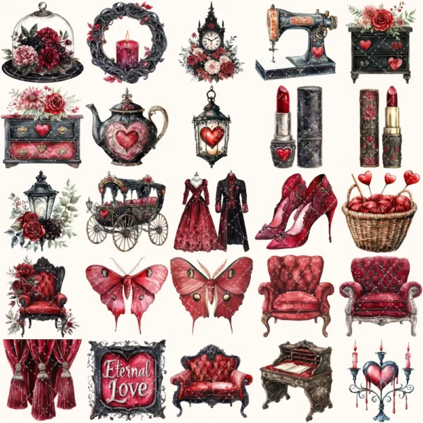Vampire Valentine Bite Clipart Set – Dark Romance Illustrations, Gothic Haunted Graphics, Victorian, Florals, Academia PNG, Digital download