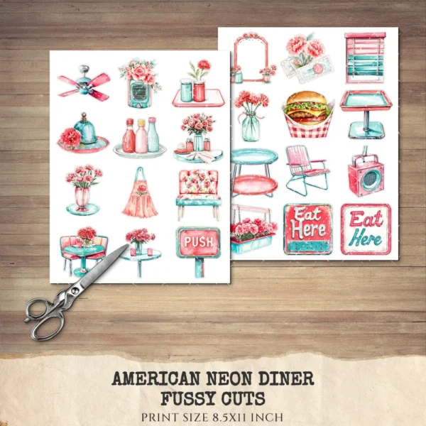 American Neon Diner Clipart Set – 50's Diner Illustrations, Nostalgic Dining Graphics, Retro Aesthetic, Vintage Restaurant, Digital download