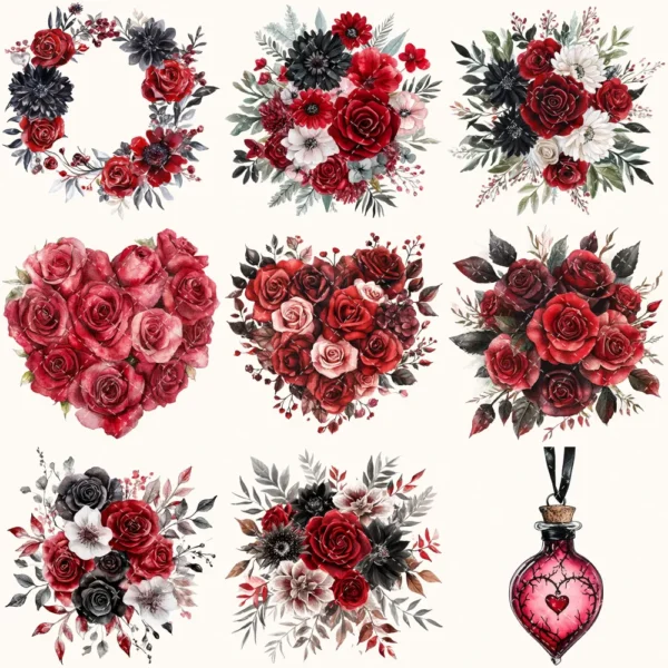 Vampire Valentine Bite Floral Arrangements, Rose Floral PNG, Rose Bouquet, Gothic Flower Art, Valentine Decor, Ornaments, Digital download