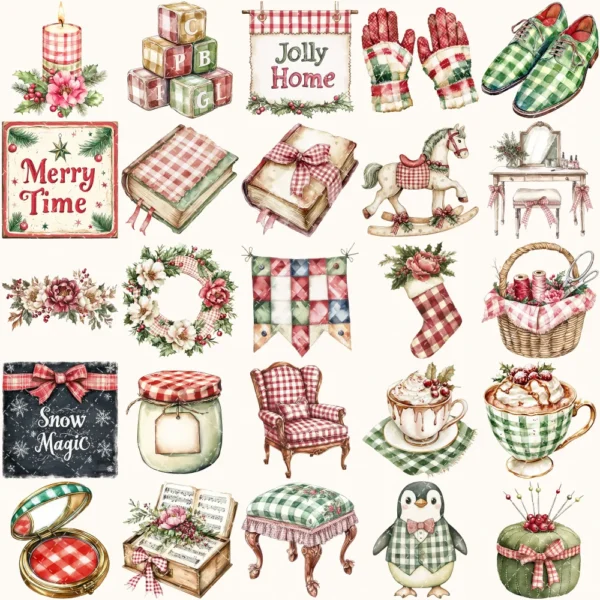 Gingham Glow Clipart Set – Plaid Holiday Illustrations, Festive Floral Graphics, Cozy Winter Christmas, Santa PNG, Digital download