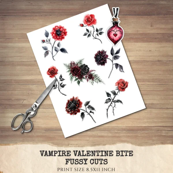 Vampire Valentine Bite Floral Arrangements, Rose Floral PNG, Rose Bouquet, Gothic Flower Art, Valentine Decor, Ornaments, Digital download