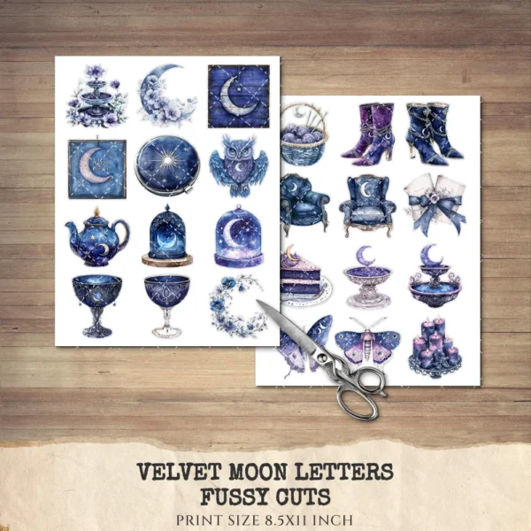 Velvet Moon Letters Clipart Set – Celestial Mystical Illustrations, Floral Moon Graphics, Ethereal Women, Moonlight PNG, Digital download