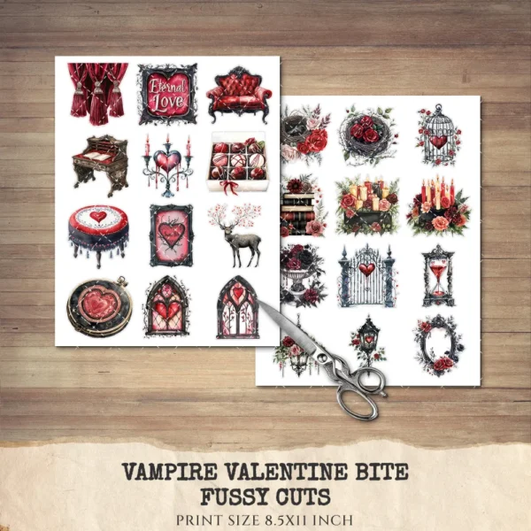 Vampire Valentine Bite Clipart Set – Dark Romance Illustrations, Gothic Haunted Graphics, Victorian, Florals, Academia PNG, Digital download