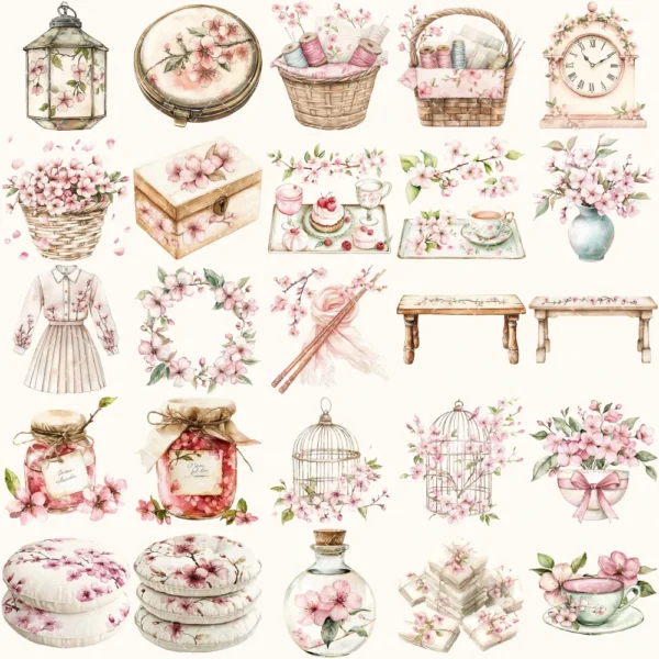 Cherry Blossom Whispers Clipart Set – Japanese Sakura Illustrations, Springtime Graphics, Pink Floral, Floral Women, Digital download