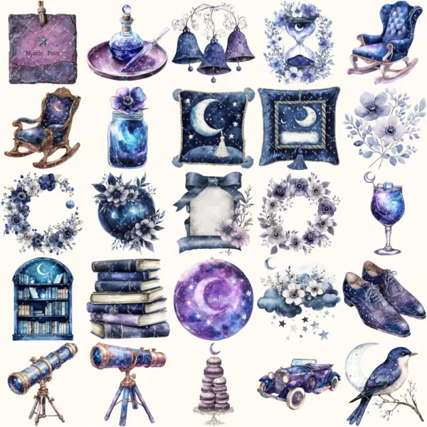 Velvet Moon Letters Clipart Set – Celestial Mystical Illustrations, Floral Moon Graphics, Ethereal Women, Moonlight PNG, Digital download
