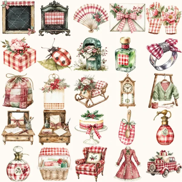 Gingham Glow Clipart Set – Plaid Holiday Illustrations, Festive Floral Graphics, Cozy Winter Christmas, Santa PNG, Digital download