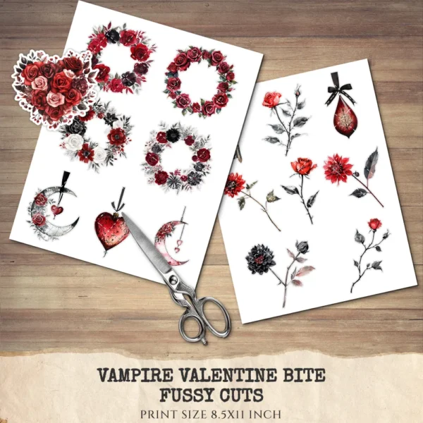 Vampire Valentine Bite Floral Arrangements, Rose Floral PNG, Rose Bouquet, Gothic Flower Art, Valentine Decor, Ornaments, Digital download