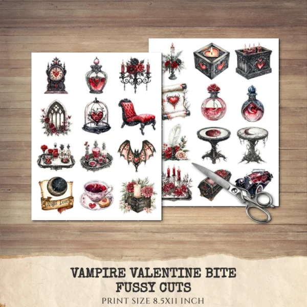 Vampire Valentine Bite Clipart Set – Dark Romance Illustrations, Gothic Haunted Graphics, Victorian, Florals, Academia PNG, Digital download