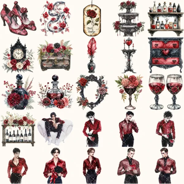 Vampire Valentine Bite Clipart Set – Dark Romance Illustrations, Gothic Haunted Graphics, Victorian, Florals, Academia PNG, Digital download