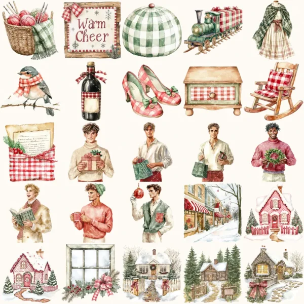 Gingham Glow Clipart Set – Plaid Holiday Illustrations, Festive Floral Graphics, Cozy Winter Christmas, Santa PNG, Digital download