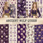 Ancient Wolf Queen Seamless Patterns, Royal Purple JPEG, Throne, Crown Infinite Pattern, Ancient Repeating Pattern, Digital Scrapbook Paper