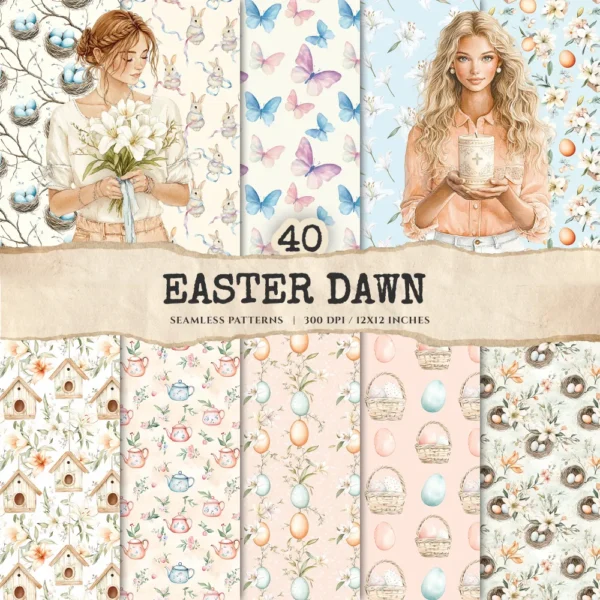 Easter Dawn Seamless Patterns, Peach Floral JPEG, Pastel Easter, Springtime Pattern, White Lily Repeating Pattern, Digital Scrapbook Paper