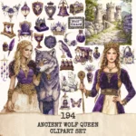 Ancient Wolf Queen Clipart Set – Regal woman Illustrations, lost kingdom Graphics, Royal Purple, Throne, Crown, Dynasties, Digital download