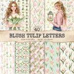 Blush Tulip Letters Seamless Patterns, Tulip Floral JPEG, Springtime, Floral bird Pattern, Cottage Repeating Pattern,Digital Scrapbook Paper