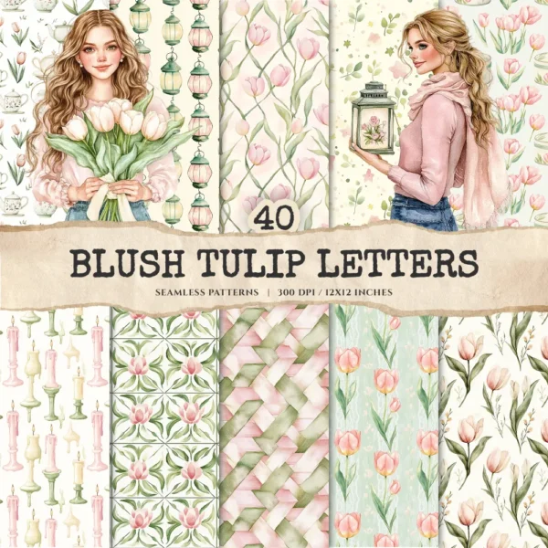 Blush Tulip Letters Seamless Patterns, Tulip Floral JPEG, Springtime, Floral bird Pattern, Cottage Repeating Pattern,Digital Scrapbook Paper