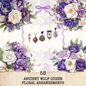 Ancient Wolf Queen Floral Arrangements, Purple Iris Floral PNG, White Rose Bouquet, Flower Art, Ancient Decor, Ornaments, Digital download