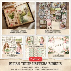 Blush Tulip Letters Mega Bundle – Soft Pink Printables, Ephemera, Springtime, Tulip, Journal, PNG Clipart, Seamless Pattern, Digital Download