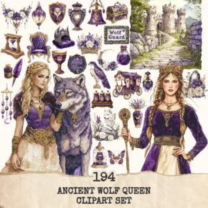Ancient Wolf Queen Clipart Set – Regal woman Illustrations, lost kingdom Graphics, Royal Purple, Throne, Crown, Dynasties, Digital download