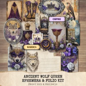 Ancient Wolf Queen Ephemera & Folio Kit – Lost Kingdom, Regal Woman Printables, Royal Purple, Throne, Crown, Kit, Digital Download