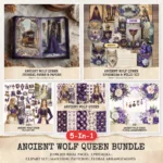 Ancient Wolf Queen Mega Bundle – Junk Journal Pages, Ephemera, Kit, Regal Woman Art, Sakura Graphics, Lost Kingdom, Purple, Digital Download