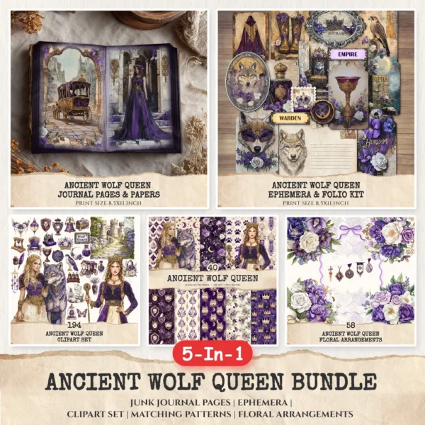 Ancient Wolf Queen Mega Bundle – Junk Journal Pages, Ephemera, Kit, Regal Woman Art, Sakura Graphics, Lost Kingdom, Purple, Digital Download